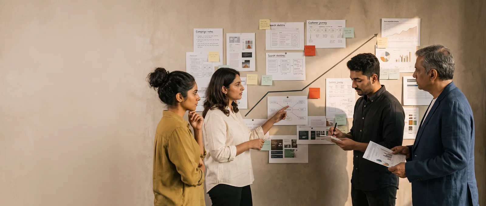 Indian marketing strategists collaborating around a campaign planning wall
