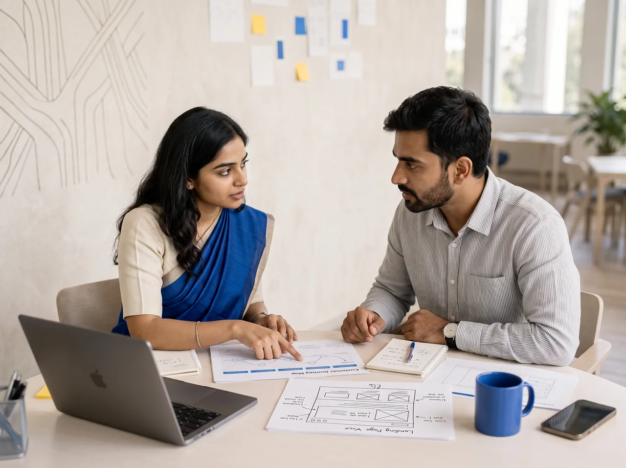 Indian strategist and business owner discussing a customer journey at one connected planning desk