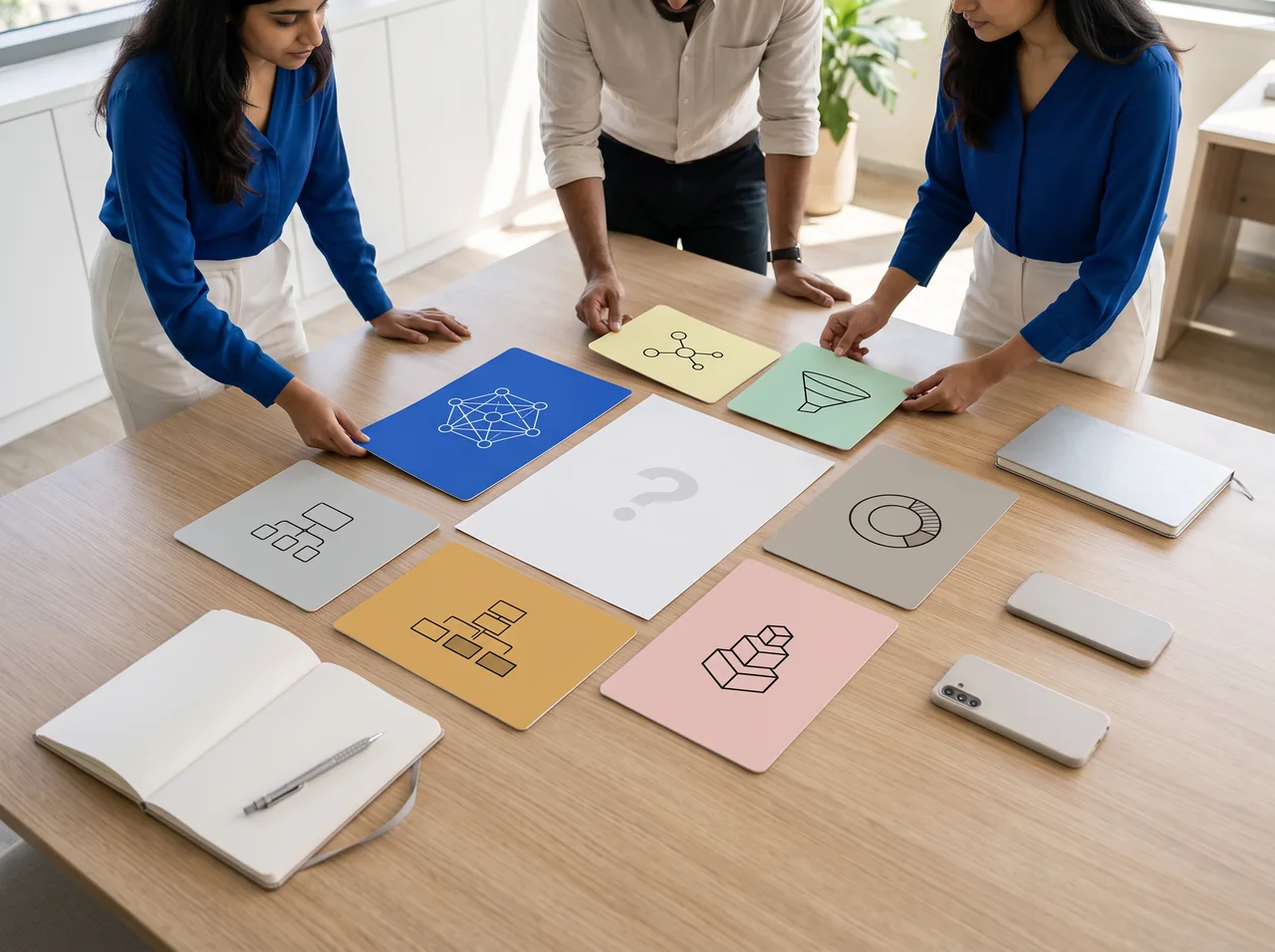 Indian marketing team arranging connected strategy cards across one planning desk