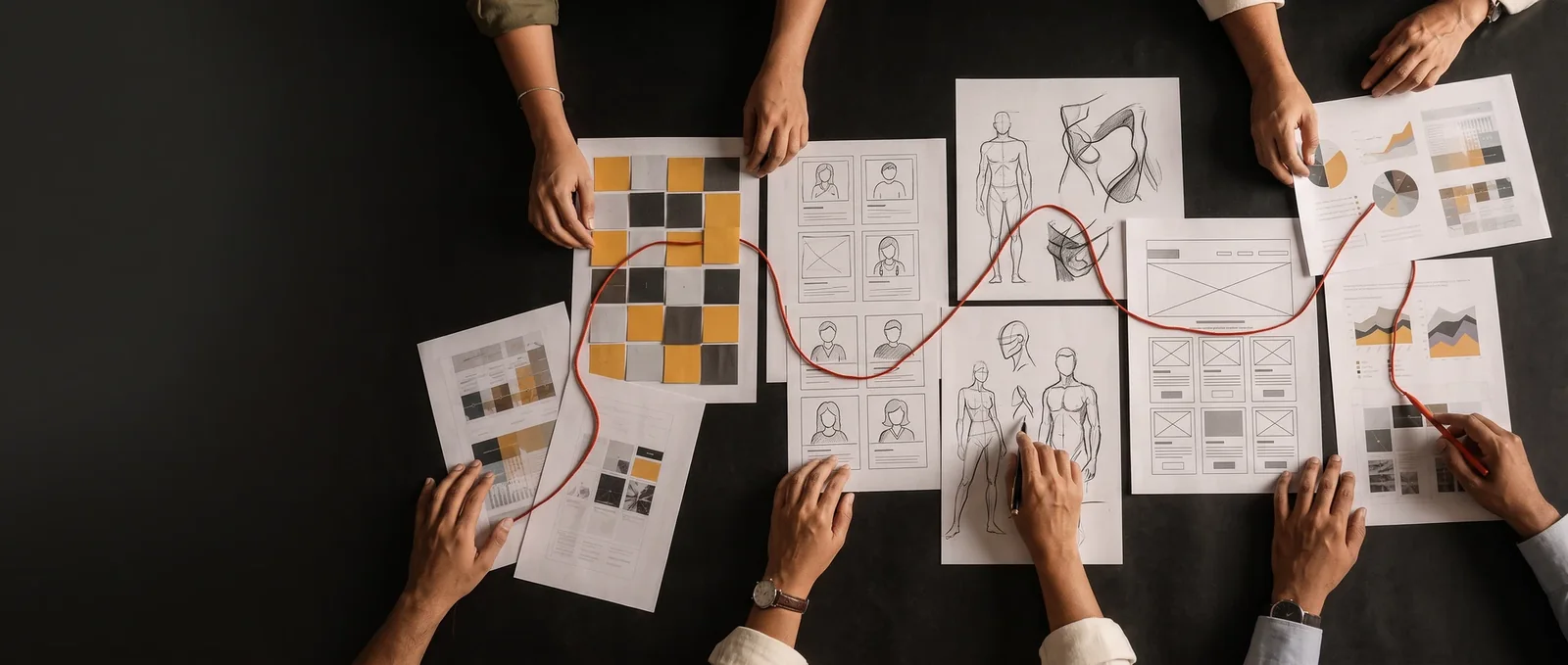 Six connected digital marketing disciplines arranged on a campaign planning table